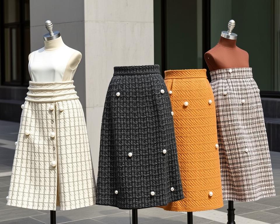 Tweed-Röcke mit Perlenbesatz zeigen Eleganz für den Alltag