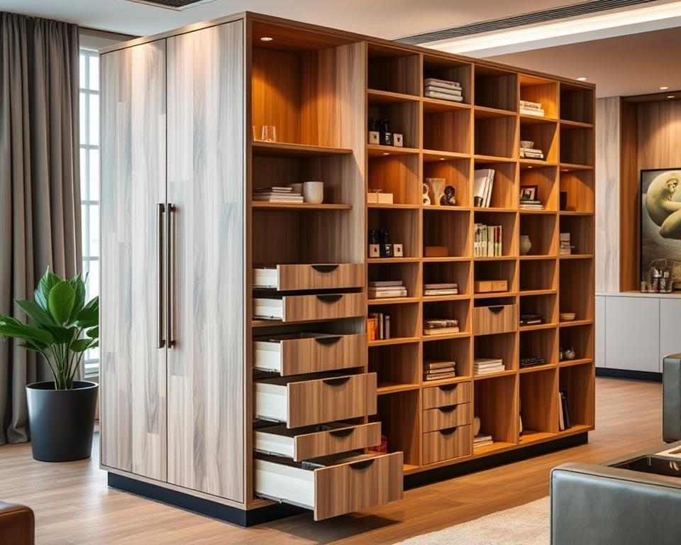 Multifunktionale Raumteiler mit Schubladen und Regalfächern